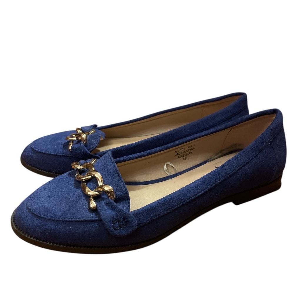 Atmosphere Royal Blue Faux Suede Chain Loafers Gold Detail | Size 8 Preppy Chic